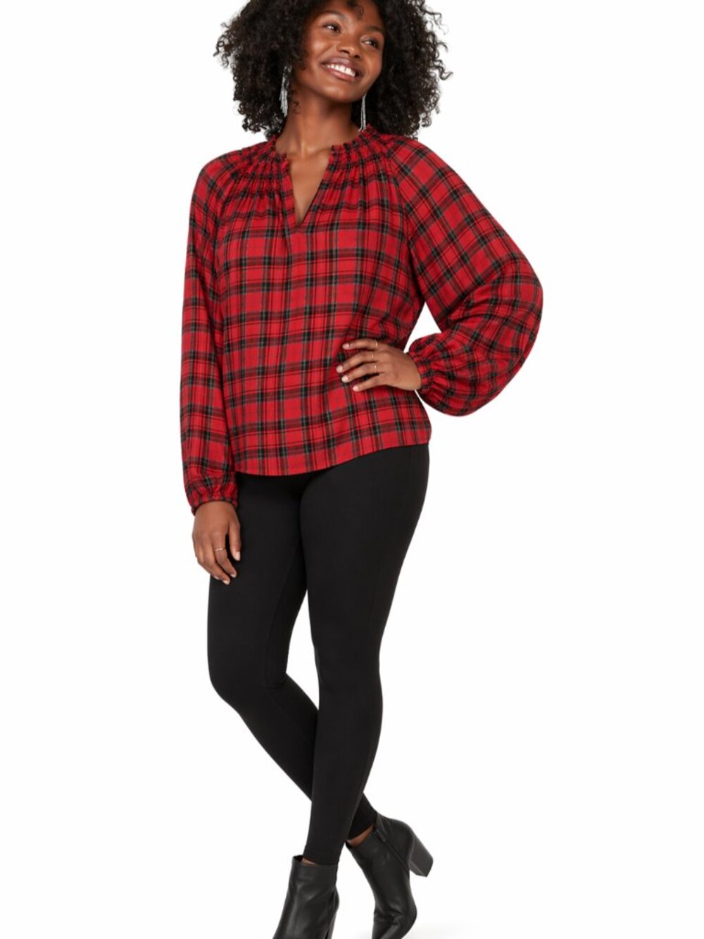 Old Navy Red Tartan Plaid Balloon Sleeve Blouse XL Tall Rayon Lightweight Top